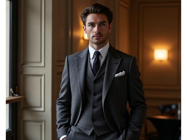 Couture homme, costume trois pièces en laine fine à motif prince de galles