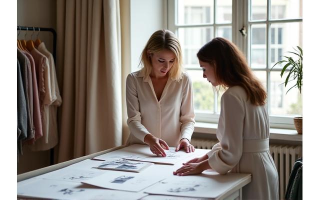 Client discutant avec un styliste dans un atelier lumineux