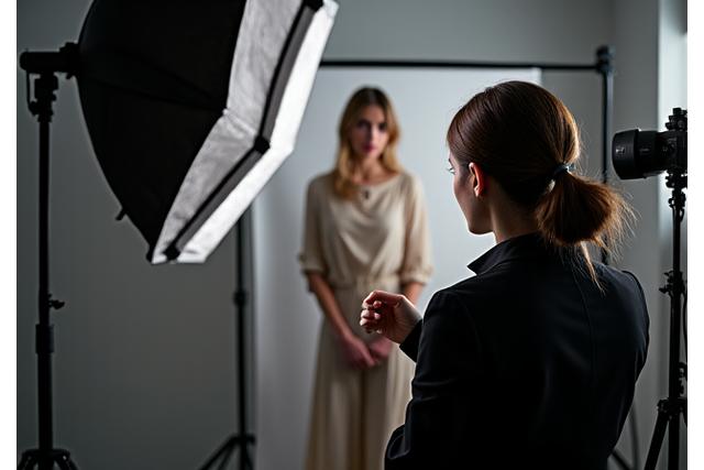 Photographe professionnel ajustant l'éclairage sur un mannequin en studio, illustrant la précision technique derrière un shooting de portfolio de haute qualité.