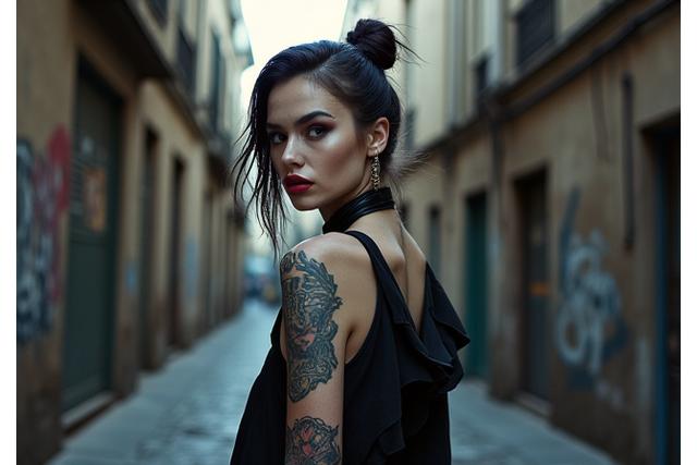 Mannequin avec une esthétique unique et des tatouages visibles, posant dans un cadre avant-gardiste et artistique.