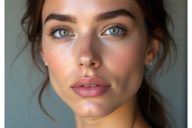Gros plan sur un visage de mannequin avec un maquillage impeccable et une peau éclatante, mettant en valeur des produits cosmétiques.