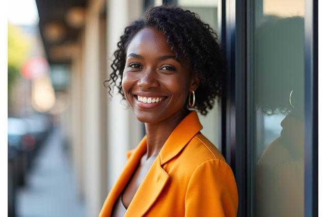 Mannequin souriant et dynamique dans une publicité de style de vie, interagissant avec un produit de manière naturelle et engageante.