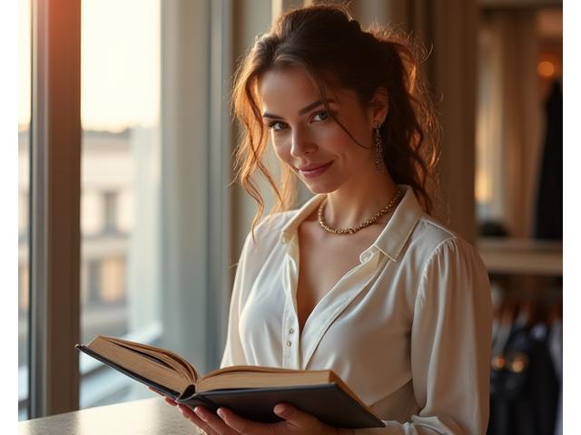 Mannequin féminine souriante regardant son portfolio imprimé avec satisfaction, son nouveau book ouvert à côté d'une maquette de magazine. Un style chic et lumineux qui évoque le succès.