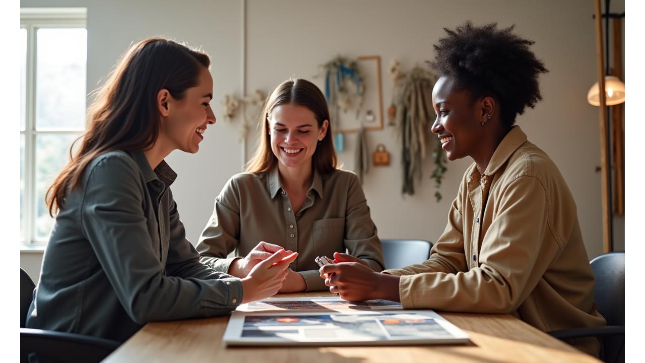 Deux designers multiculturels souriants échangeant des idées et des échantillons de tissus écologiques autour d'une table dans un atelier lumineux, symbolisant l'innovation collaborative et la durabilité.