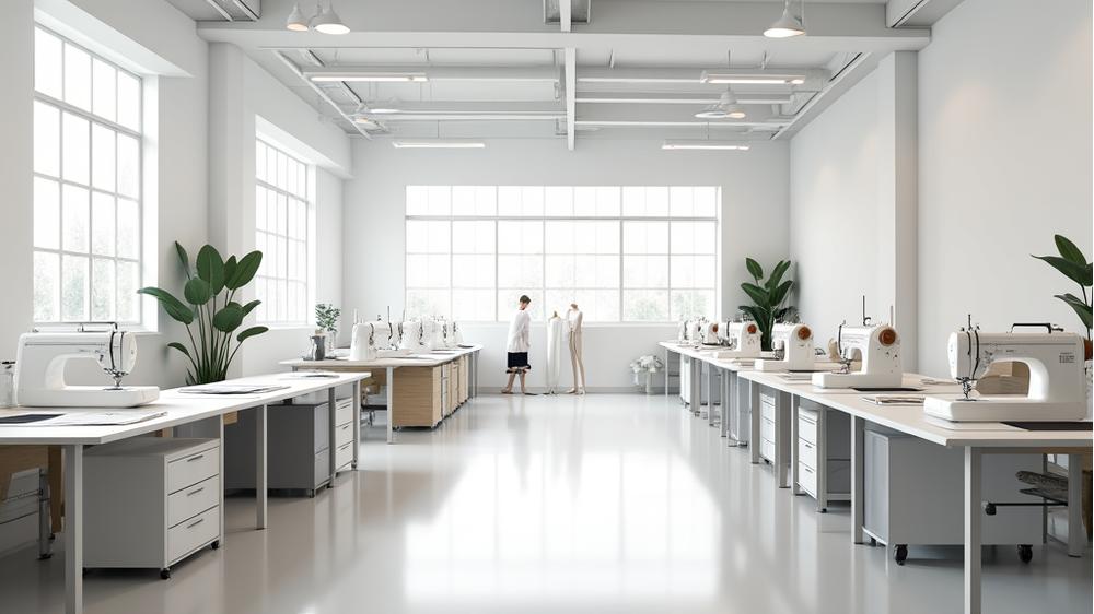 Vue aérienne d'un atelier de confection moderne et spacieux, avec des tables de coupe propres, des machines à coudre à faible consommation et des bacs de recyclage pour les chutes de tissu, le tout sous une lumière naturelle abondante.