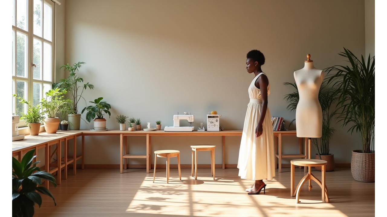Vue panoramique d'un atelier de mode lumineux avec des tissus écologiques et des mannequins durables, baigné de lumière naturelle, symbolisant la synergie entre créativité et durabilité.