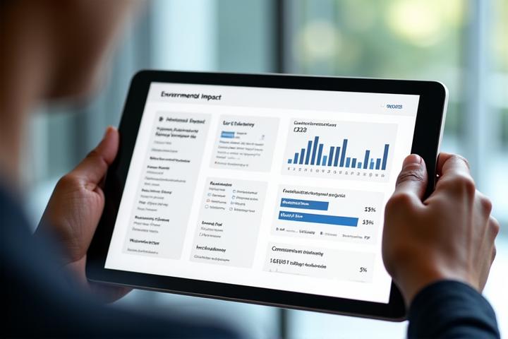 Un écran d'ordinateur ou une tablette affichant un tableau de bord numérique élégant avec des graphiques de données environnementales : réduction des émissions de CO2, consommation d'eau, pourcentage de matériaux recyclés, le tout dans des tons doux et professionnels.