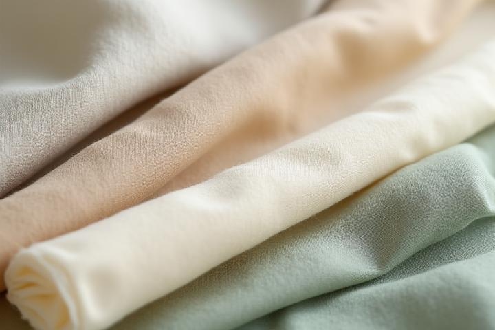 Gros plan sur une sélection de rouleaux de tissus aux textures variées : coton bio, lin lavé, tencel, et un tissu recyclé, disposés élégamment avec des étiquettes minimalistes indiquant leur origine durable.