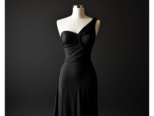Photo d'un mannequin portant une robe de soirée élégante noire, design épuré et couture impeccable, pour la marque Audra Paris.