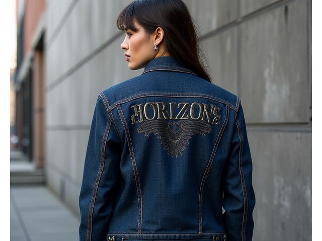 Un blouson unisexe en denim brut avec des broderies complexes au dos, style urbain et contemporain, pour la marque Horizon.