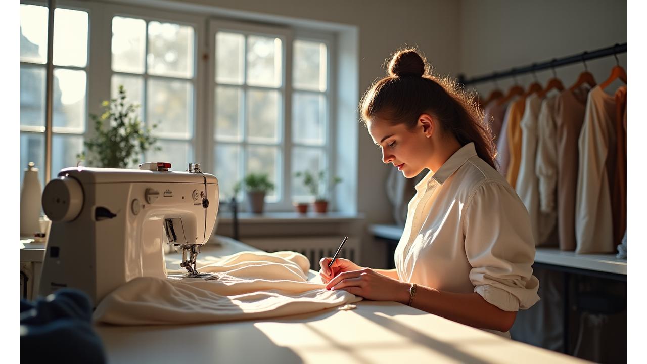 Artisans travaillant avec précision dans l'atelier parisien de L'Atelier Lumineux, machines à coudre industrielles et tissus drapés élégamment.