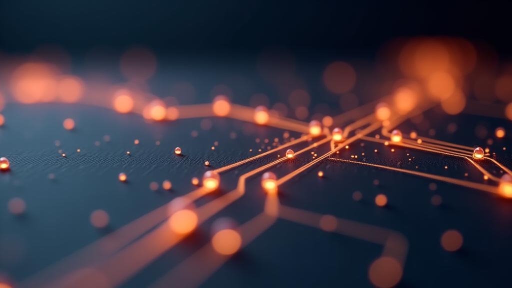 Illustration abstraite de la chaîne de production avec des points de contrôle qualité lumineux, symbolisant la rigueur et la traçabilité à chaque étape.