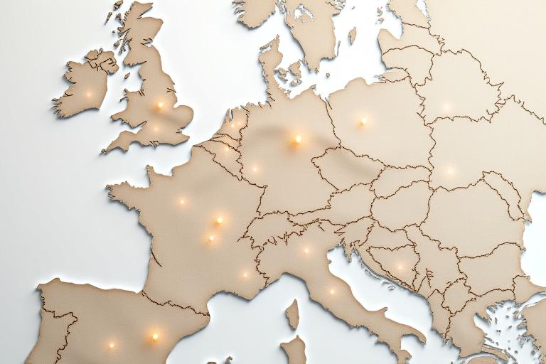 Carte stylisée de l'Europe avec des points lumineux marquant les régions de sourcing de tissus de L'Atelier Lumineux, mettant en évidence la France, l'Italie, le Portugal et la Belgique.