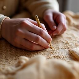 Vue en gros plan de mains d'artisans utilisant de la broderie complexe, de l'impression textile, de la teinture naturelle, illustrant des techniques de fabrication spécialisées.