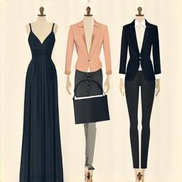 Illustrations de divers types de vêtements : robe de soirée, blazer, chemise, pantalon, accessoires, symbolisant la polyvalence de L'Atelier Lumineux.