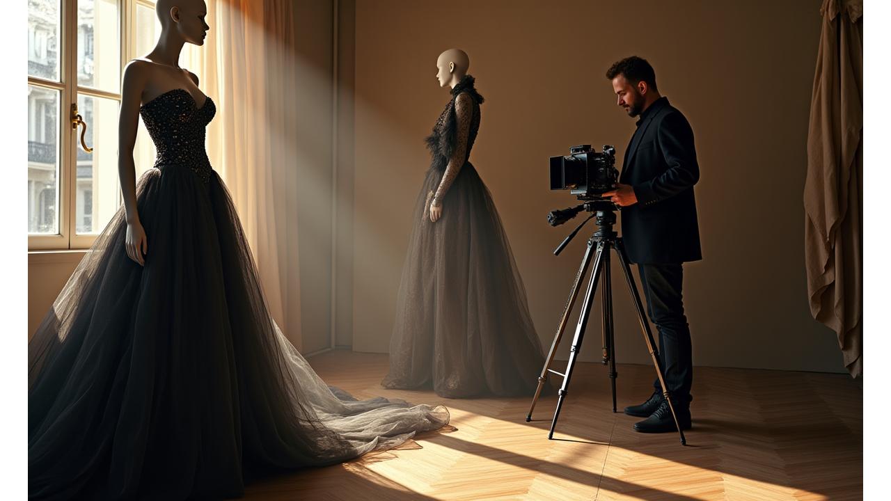 Un mannequin posant au milieu d'éléments de couture et une caméra, symbolisant l'union entre mode et photographie