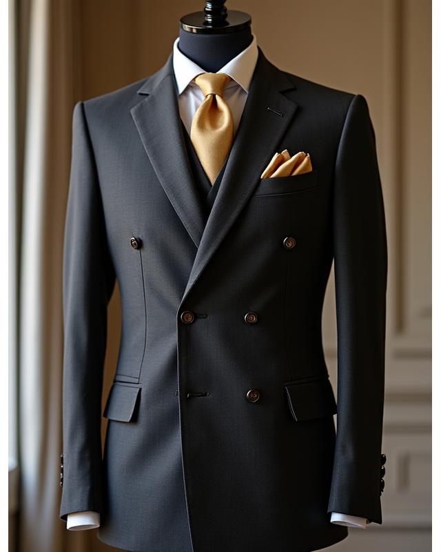Un costume trois pièces sur mesure, coupe ajustée, de couleur anthracite avec des détails discrets