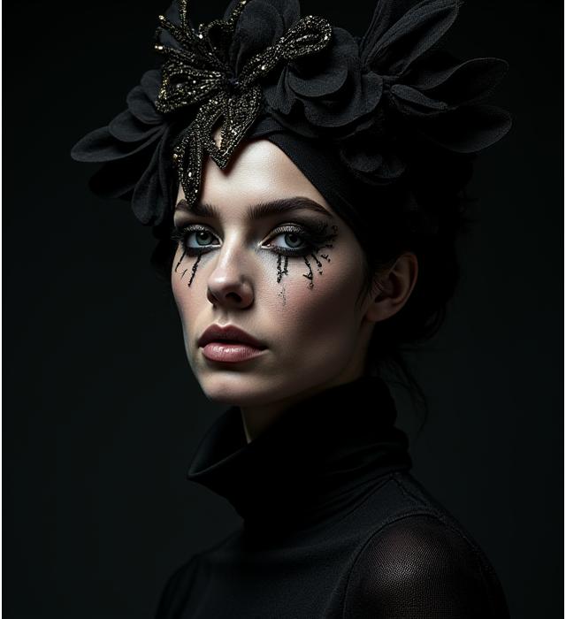 Photo éditoriale avant-gardiste d'un modèle avec un maquillage artistique et une coiffe dramatique
