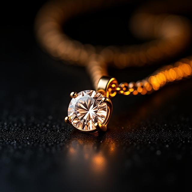 Gros plan d'un pendentif en or serti de diamants, photographié avec un éclairage dramatique sur fond noir