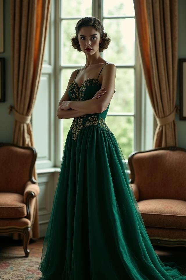 Modèle aux inspirations vintage posant dans un salon parisien classique, lumière cinématographique