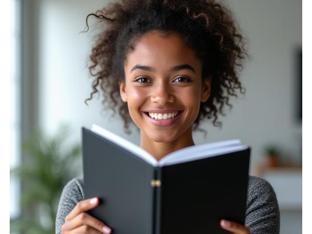 Jeune mannequin regardant son portfolio imprimé de haute qualité avec un sourire confiant