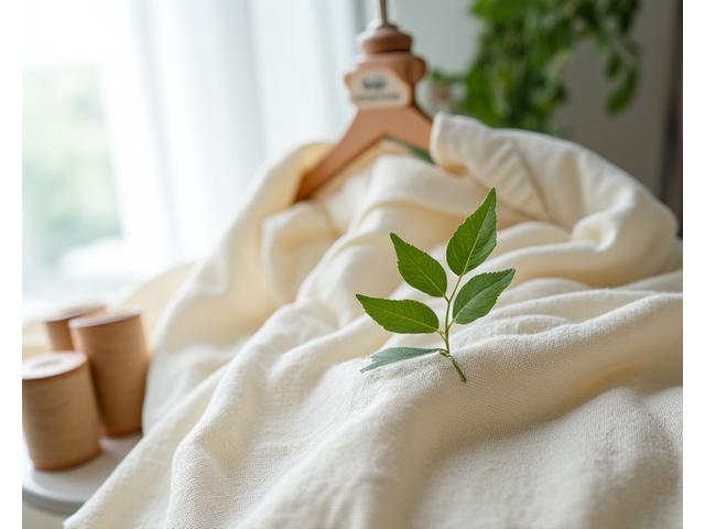 Pièces de vêtements élégantes sur un cintre avec des étiquettes 'éthique' et 'bio' dans un contexte de boutique de mode