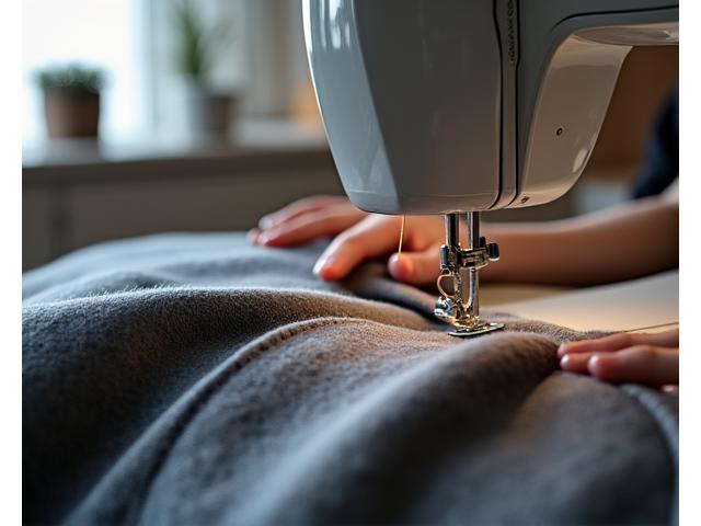Couturière travaillant minutieusement sur une machine à coudre moderne avec des fils colorés