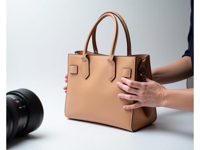 Photographe ajustant des produits de luxe (sac, parfum) sur un set de studio pour un shooting commercial