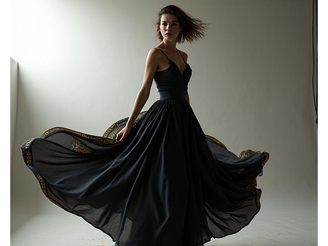 Top model posant dynamiquement devant un fond minimaliste de studio avec des lumières professionnelles