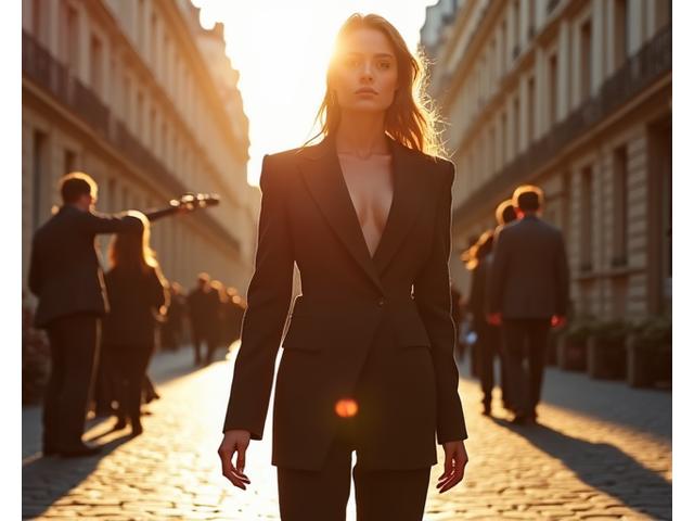 Une scène de shooting éditorial avec un modèle en tenue avant-garde et un décor urbain chic en arrière-plan