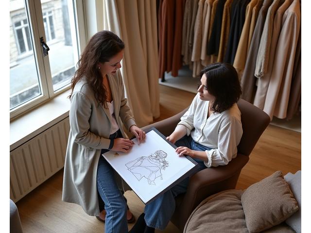 Styliste présentant des échantillons de tissus et des croquis à un client dans un élégant showroom parisien