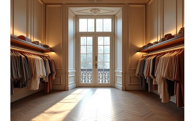 Intérieur lumineux et spacieux d'une boutique de mode haut de gamme à Paris, avec des racks de vêtements élégants et un aménagement soigné. Lumière naturelle abondante.