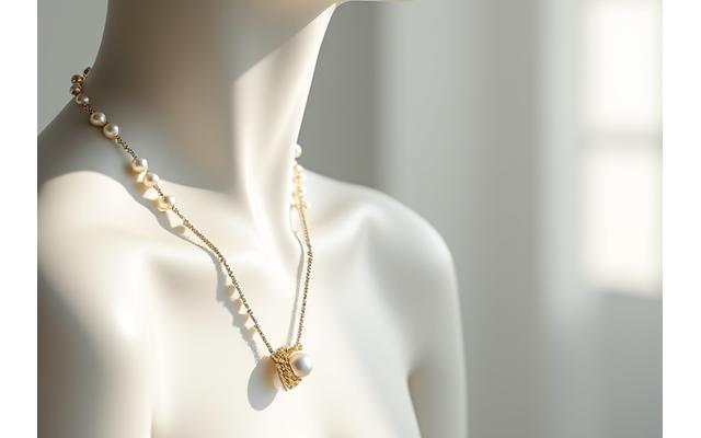 Photographie artistique d'un collier de perles fines sur un mannequin épuré, avec des reflets subtils de lumière parisienne en arrière-plan.