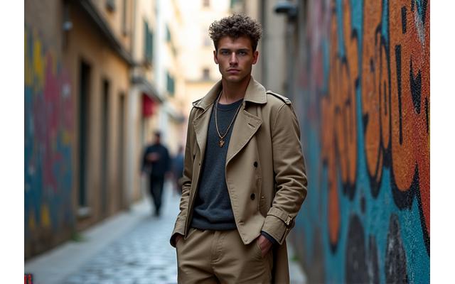 Mannequin masculin, vêtu d'une tenue élégante mais décontractée, posant dans une ruelle pavée de Paris avec un graffiti artistique en arrière-plan. Ambiance urbaine sophistiquée.