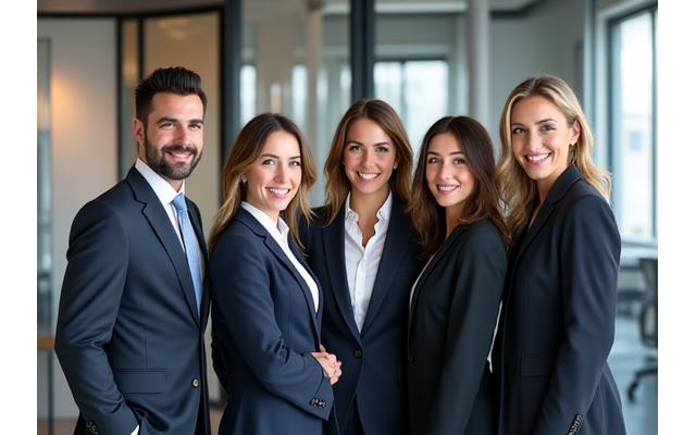 Groupe de professionnels souriants et confiants, en tenue de ville, posant dans un bureau moderne et lumineux. Ambiance collaborative et dynamique.