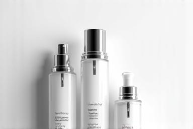 Lot de produits de beauté élégamment agencés sur un fond blanc pur, avec un éclairage diffus pour mettre en valeur les textures et les couleurs.