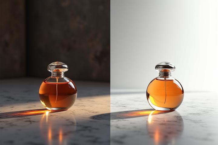 Avant/Après un shooting produit professionnel montrant l'augmentation de l'attractivité visuelle et l'impact sur les ventes. Un produit terne et mal éclairé à gauche, le même produit sublimé avec un stylisme professionnel et un éclairage parfait à droite.