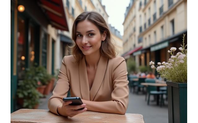 Jeune femme souriante, habillée élégamment, utilisant un smartphone dans un café parisien baigné de lumière naturelle, mettant en scène un produit technologique avec un style de vie chic.