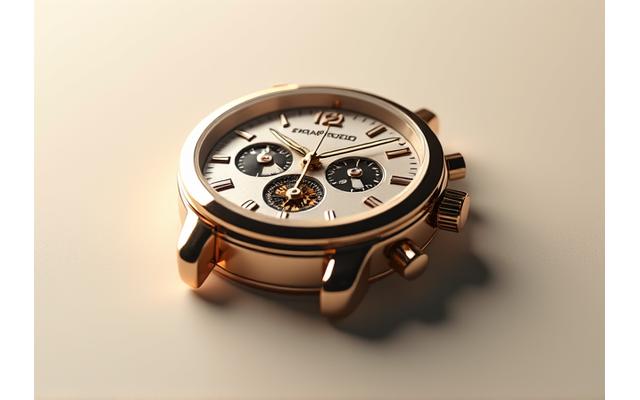 Gros plan d'une montre de luxe sur un fond clair, mettant en valeur son design élégant et ses détails complexes. Lumière douce et uniforme.