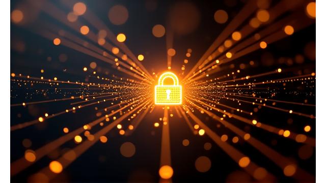 Représentation visuelle de la sécurité des données avec des lignes de code stylisées, un cadenas numérique et un fond abstrait de réseau sécurisé.