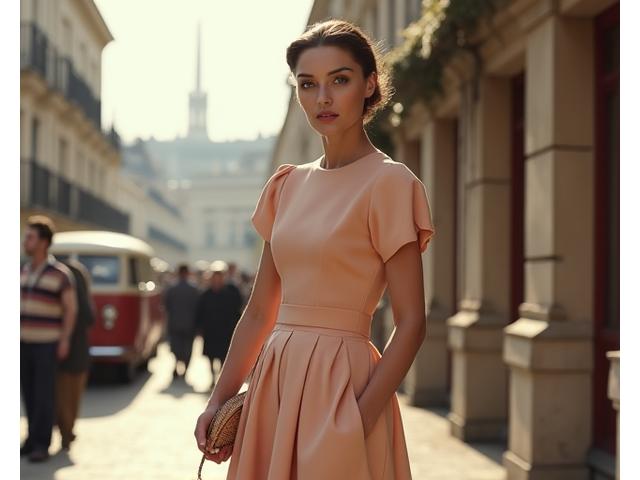 Modèle portant une jupe crayon et un chemisier ajusté, coiffée d'un foulard, dans un style rétro des années 50.