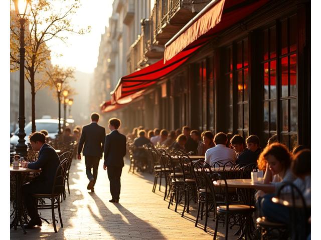 Façade d'un café parisien avec des chaises en rotin et des tables rondes, ambiance années 50, sous un soleil doux.
