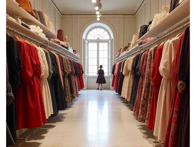 Vêtements et accessoires vintage méticuleusement rangés sur des portants dans un atelier lumineux, symbolisant une riche collection.