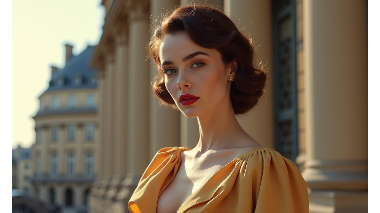 Modèle élégant dans un style rétro parisien, évoquant l'âge d'or de la photographie de mode.