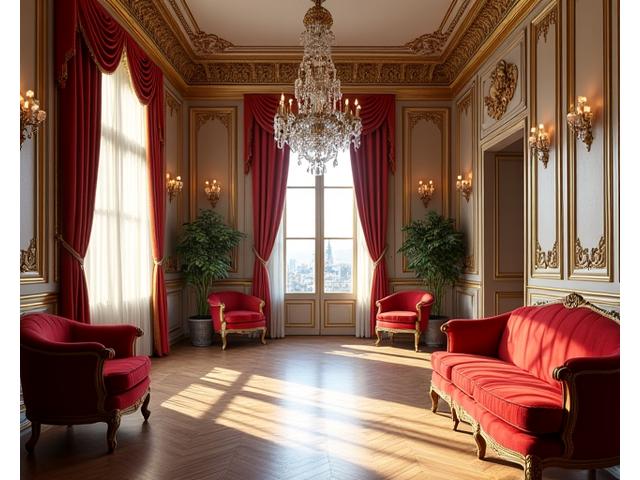 Intérieur opulent d'un hôtel particulier parisien avec boiseries, moulures, et mobilier ancien, lumière naturelle.