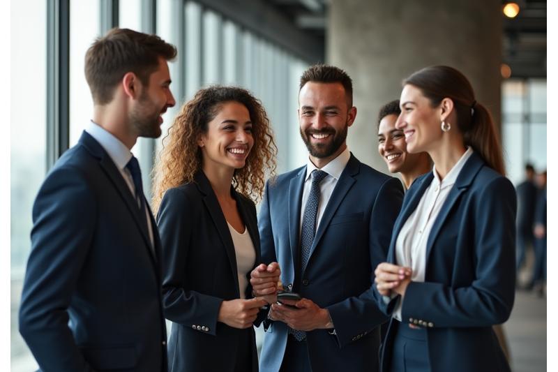 Équipe de professionnels élégants et souriants dans un bureau moderne