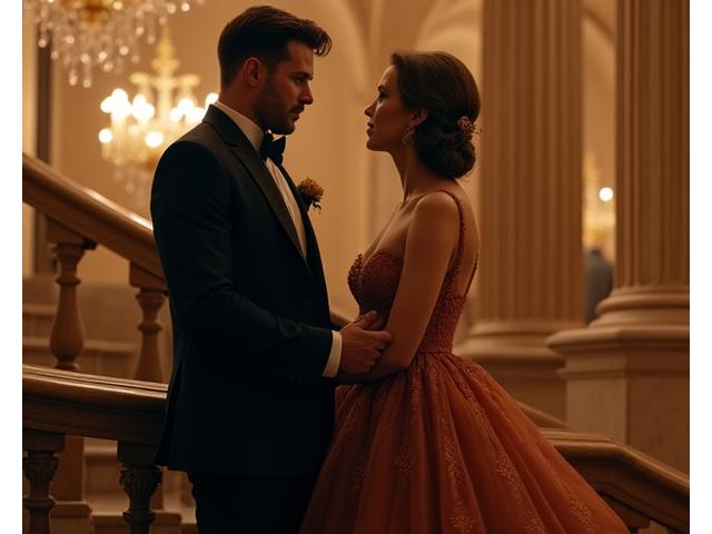 Homme et femme élégamment vêtus pour un événement, dans un décor de soirée chic