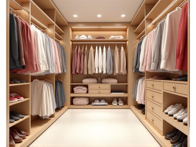 Dressing organisé avec des vêtements colorés et bien rangés
